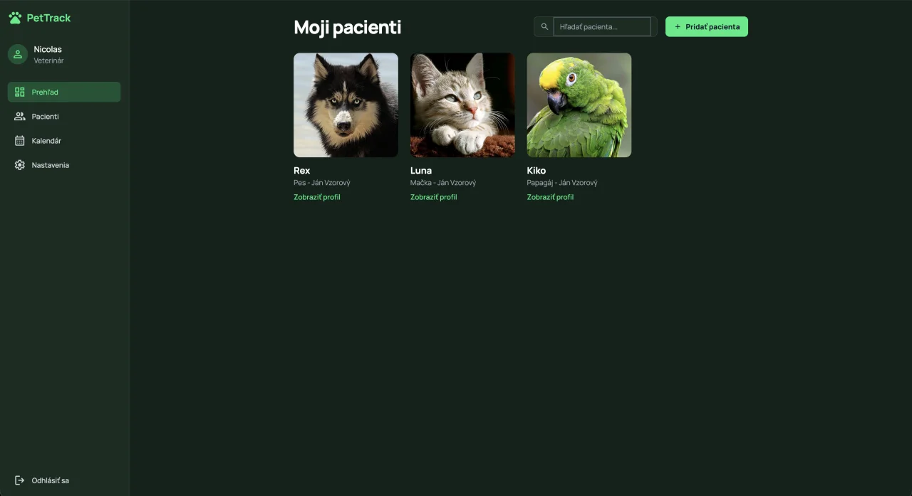 Náhľad: Webová/Mobilná aplikácia pre zvieratá